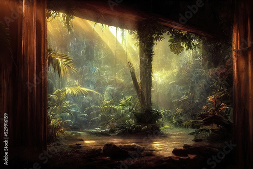 A large arch-shaped window, a portal in the Dark Mystical Forest, the sun's rays pass through the window and trees, shadows. Fantasy beautiful forest fantasy landscape. 3D illustration.  © MiaStendal