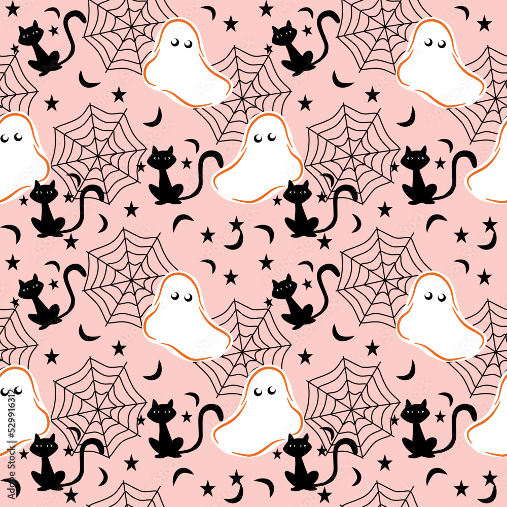 Halloween flat seamless pattern, pink color background, white ghost sheet, black cat, spider web, star and haft moon.