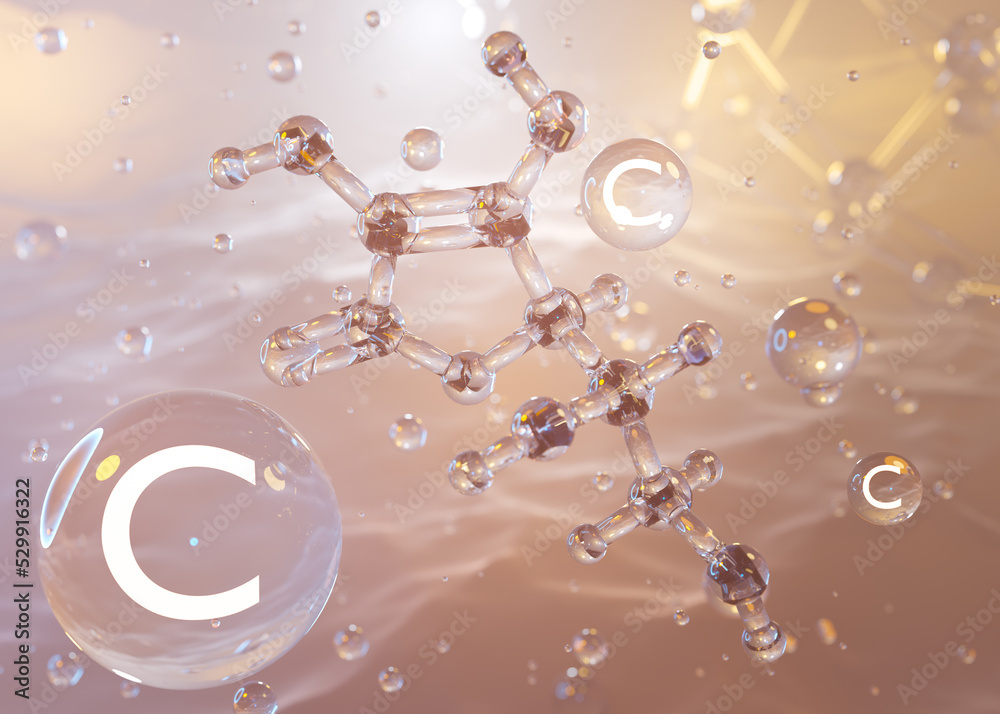 molecular structure of vitamin c or ascorbic acid, 3d rendering