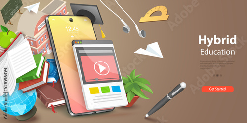 3D Vector Conceptual Illustration of Hybrid Education, Synchronous and Virtual Learning