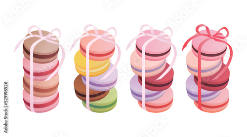 Set of sweet french macaroons isolated on white background. Colorful macarons with ribbon. Vector illustration in flat style.