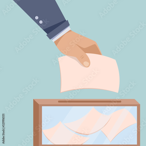 The hand throws the ballot paper into the box. flat style