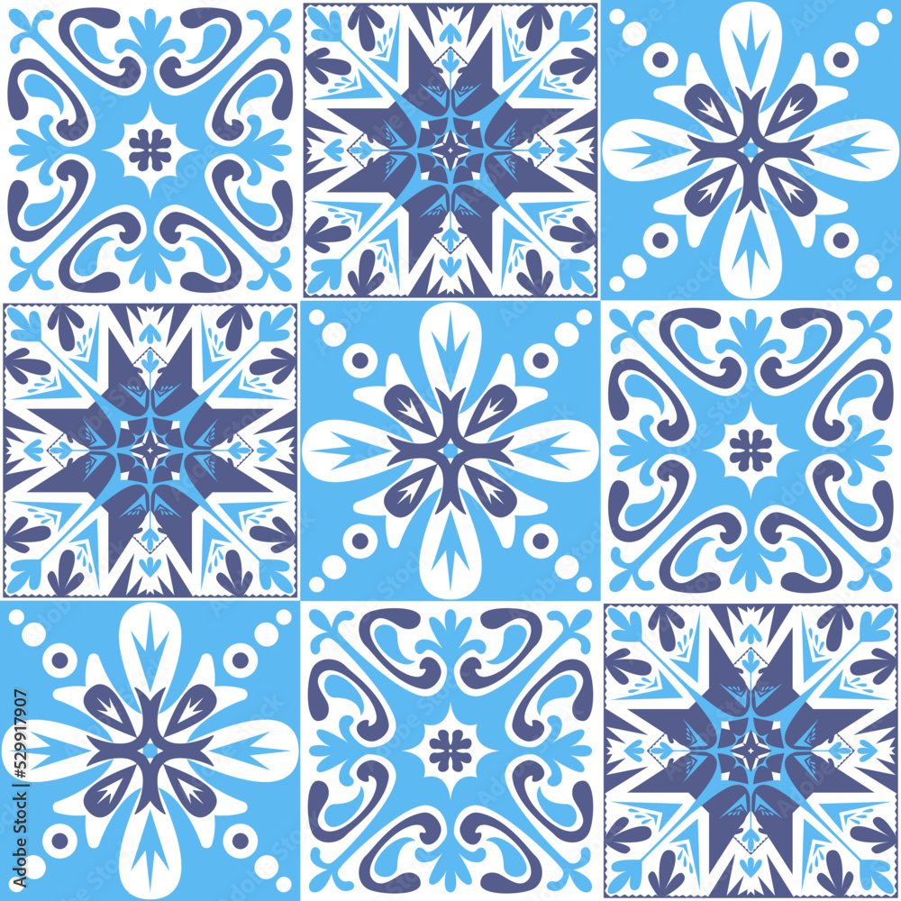 Traditional mediterranean ceramic porcelain tile, roque blue pattern for decoration, azulejo talavera style, vector illustration