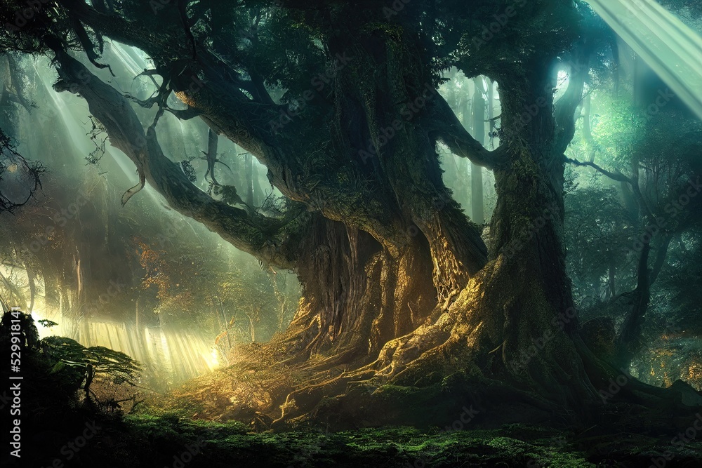 Obraz premium Dark dense forest the sun's rays pass through the trees, shadows. Big old tree in the center. Beautiful forest fantasy landscape. unreal world. Mysterious forest. 3D illustration.