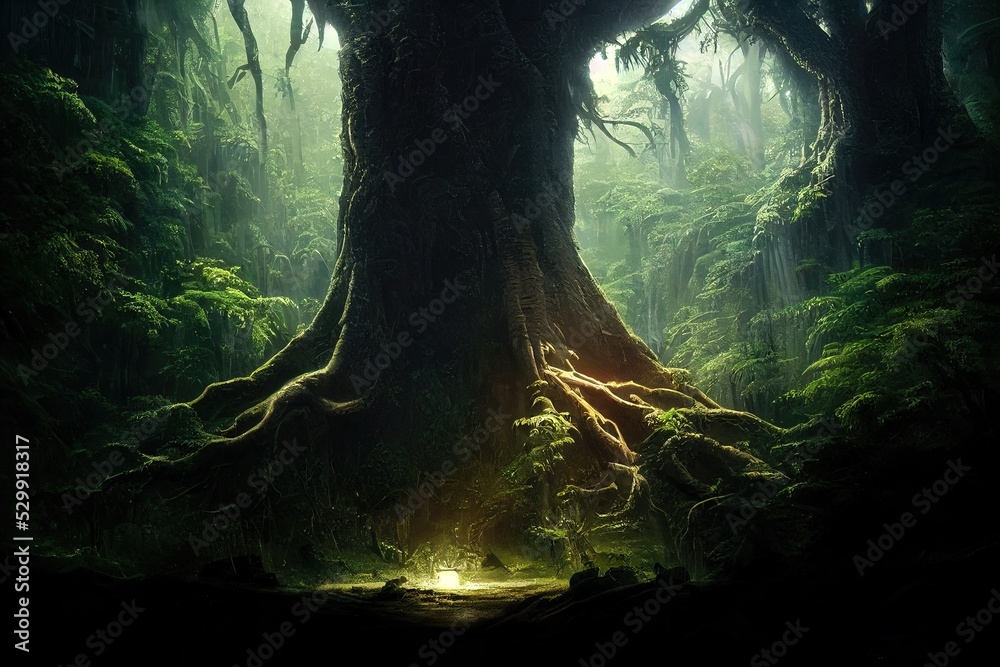 Fototapeta premium Dark dense forest the sun's rays pass through the trees, shadows. Big old tree in the center. Beautiful forest fantasy landscape. unreal world. Mysterious forest. 3D illustration.