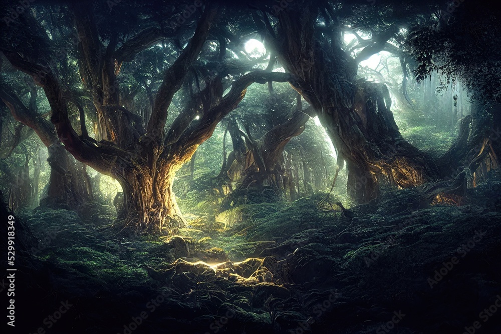 Fototapeta premium Dark dense forest the sun's rays pass through the trees, shadows. Big old tree in the center. Beautiful forest fantasy landscape. unreal world. Mysterious forest. 3D illustration.