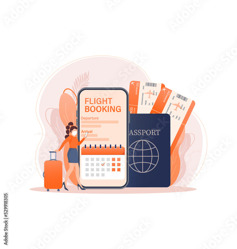 Flyer design for promotion design. Flight tickets online booking illustration landing page. Flat design vector illustration. Travel vector icon.