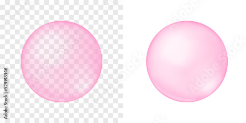 Pink bubble on transparent and white background. Cherry or strawberry bubble gum. Element of soap foam, bath suds, cleanser liquid, sweet carbonated water. Vector realistic illustration photo