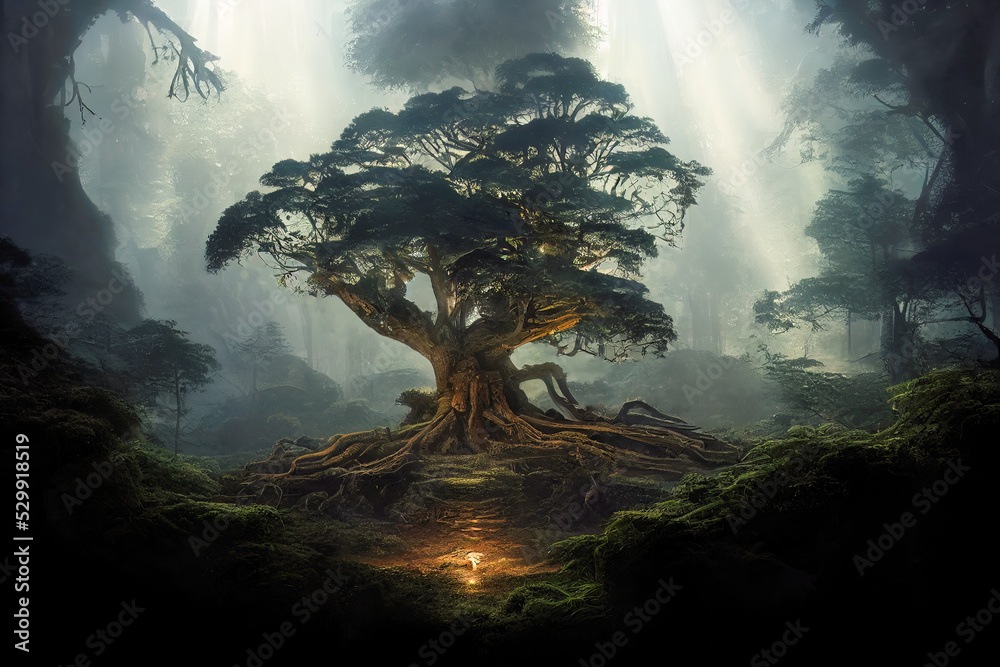 Dark dense forest the sun's rays pass through the trees, shadows. Big old tree in the center. Beautiful forest fantasy landscape. unreal world. Mysterious forest. 3D illustration. - obrazy, fototapety, plakaty 