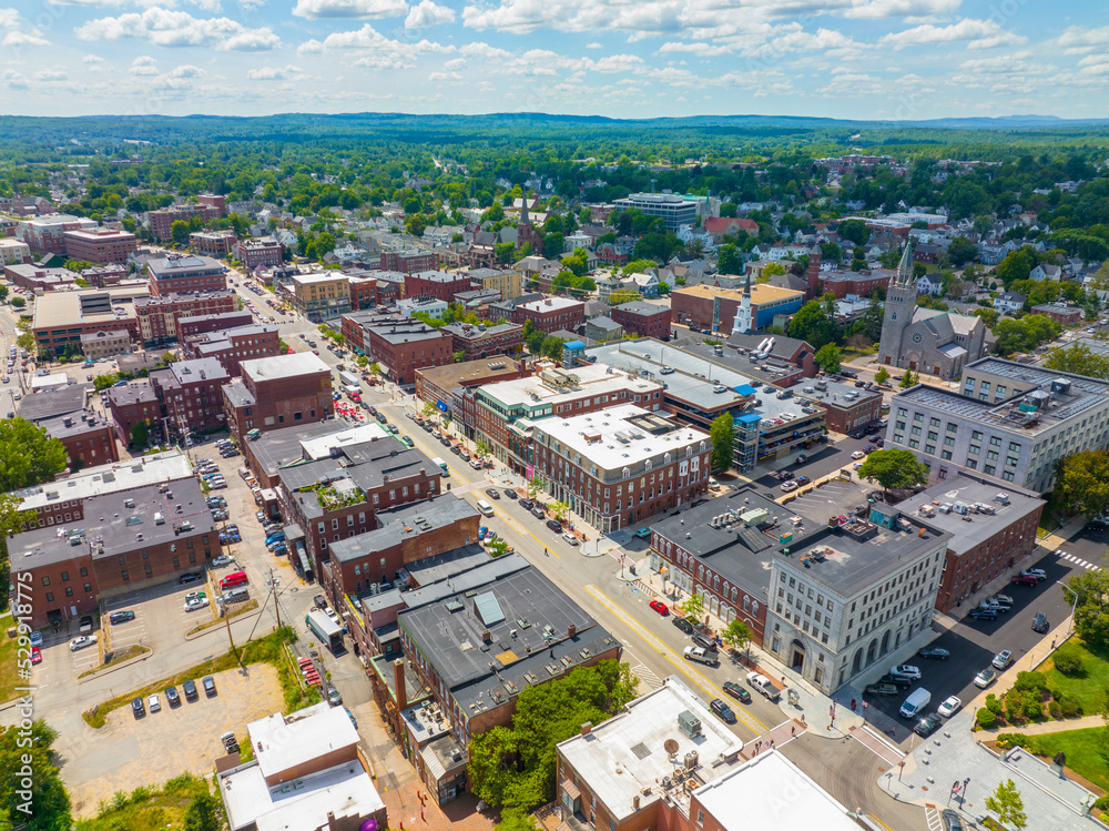 Concord downtown commercial center aerial view on Main Street near New Hampshire State House, city of Concord, New Hampshire NH, USA. 