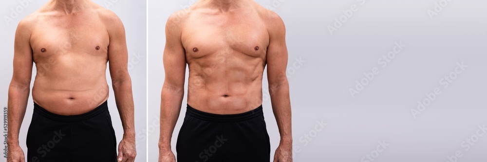 Mature Man Before And After Weight Loss On White Background Mature Man Before And After Weight Loss On White Background