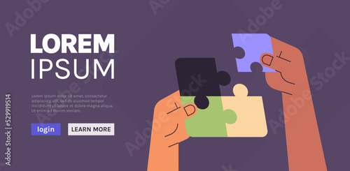 Team putting parts of puzzle together problem solution teamwork concept flat vector illustration.