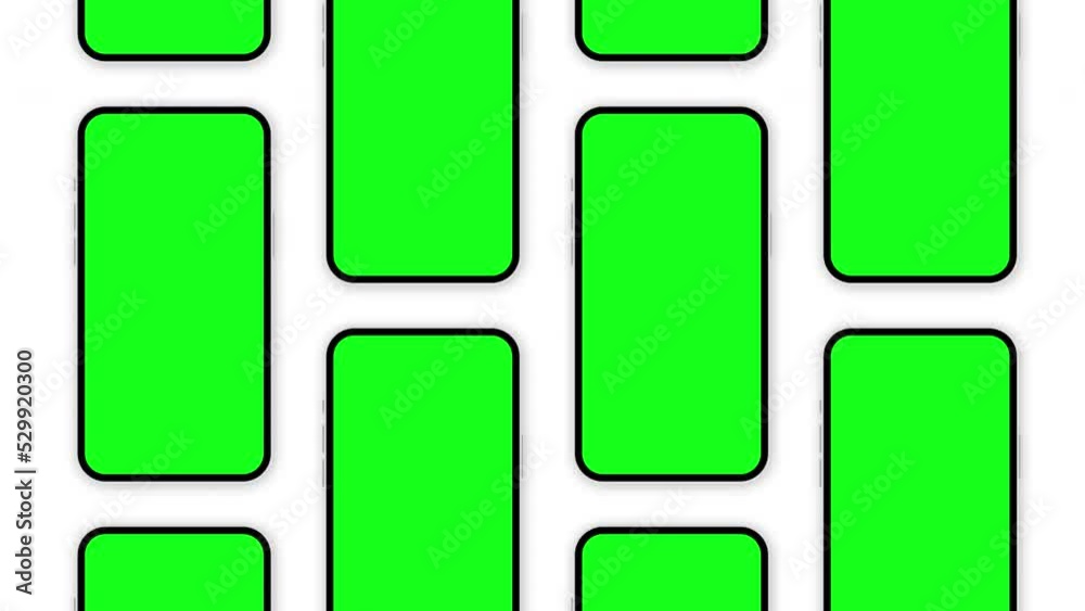Realistic mobile mockup. 4 columns mobiles animated grid. Green screen, alpha channel. 