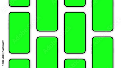 Realistic mobile mockup. 4 columns mobiles animated grid. Green screen, alpha channel. 