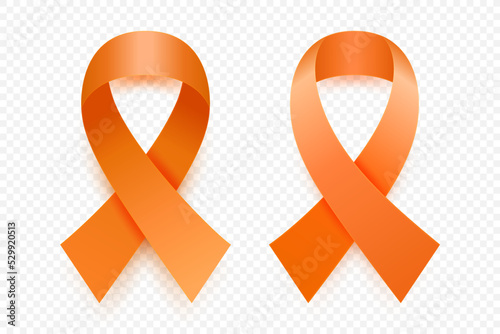 Vector 3d Realistic Orange Ribbon Set. Leukemia Cancer Awareness Symbol Closeup. Cancer Ribbon Template. World Leukemia Cancer Day Concept