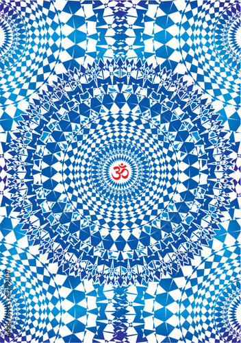 Openwork blue mandala on a mandala background with aum, om, ohm sign in center. Vector graphics
