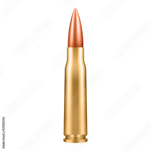 Metal bullet isolated on white background for automatic rifles. Bullet 7.62 mm Caliber