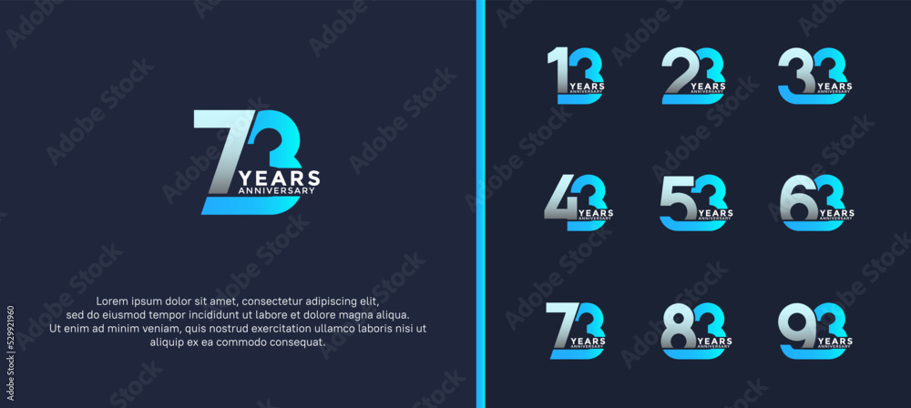 set of anniversary logotype blue color on dark blue background for celebration moment