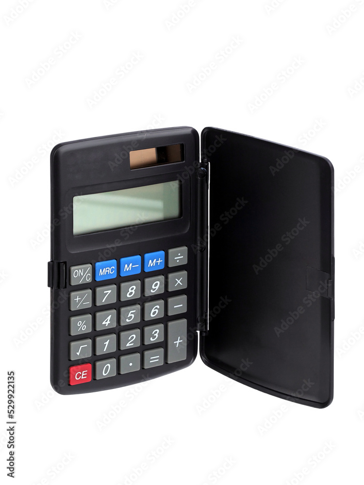 compact pocket calculator with solar battery isolated on white background compact pocket calculator with solar battery isolated on white background