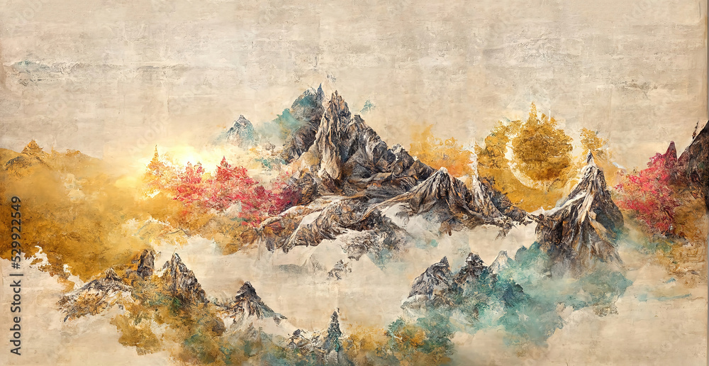 Chinese and Japanese oriental painting with golden texture. Golden