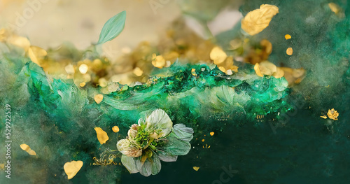 Abstract watercolor flowers. Elegant, luxurious floral background with space for text. A poster or flyer with a golden texture of blooming flowers and leaves. 3D illustration
