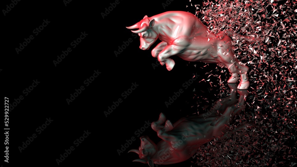Aluminium schilderij met Metallic red-white bull with brown particles in dramatic contrasting light representing financial market trends under black-green background. Concept 3D CG of stock market. #529922727