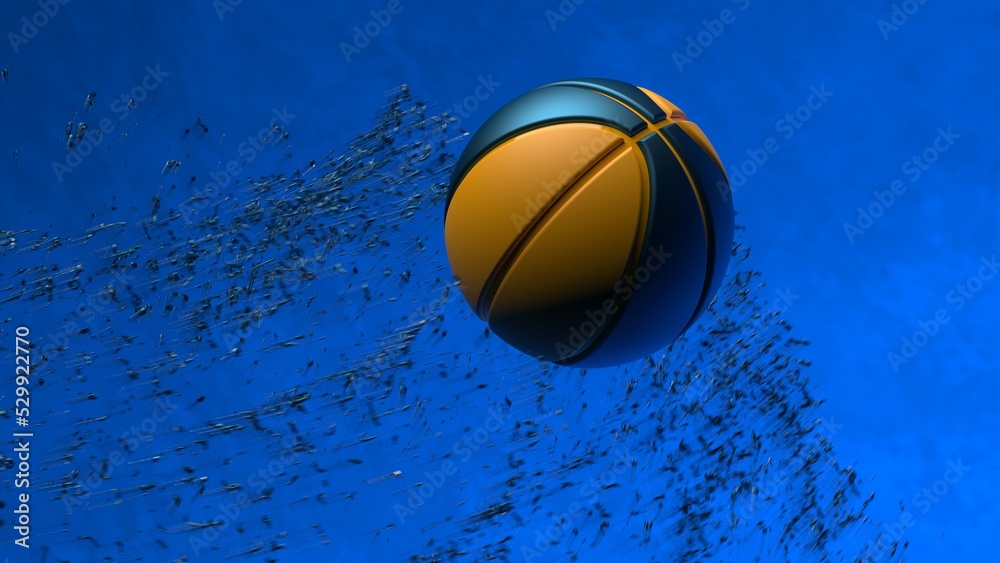Metallic blue-yellow Basketball with Particles in type of stars under blue-black dramatic background. 3D sketch design and illustration. 3D CG.
