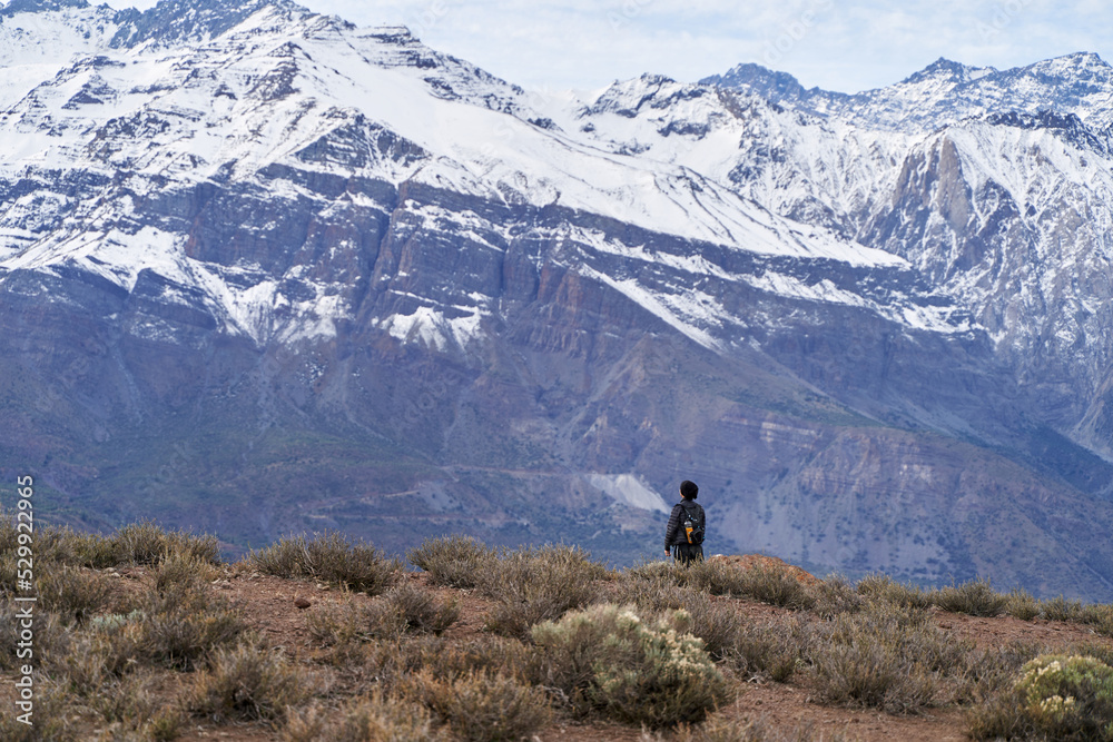 young man standing contemplating a snow capped mountain in the middle of the Andes Mountains of Chile
