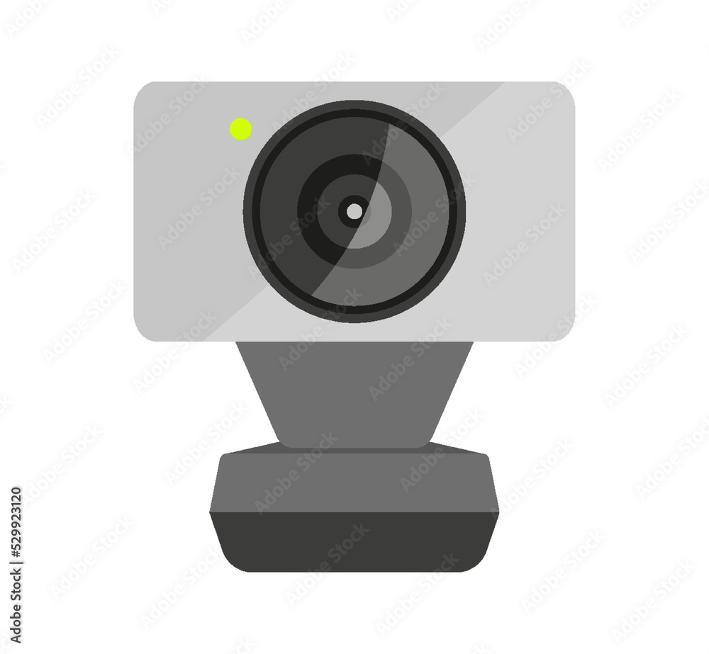 Webcam digital computer portable silver black flat. Video calling device conference communication Internet broadcast filming live meeting home element pc logo ads web tech store electronic mockup