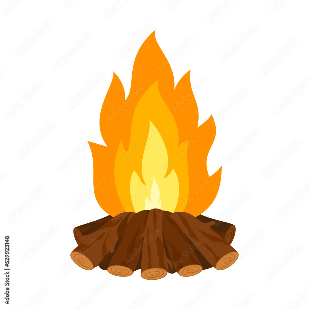 Wooden campfire burning flames pile of firewood flat. Cartoon style