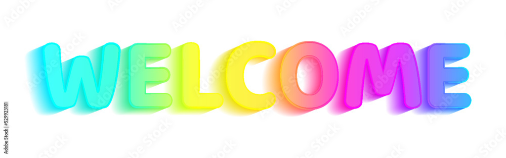 Welcome sign neon light rainbow 3d abstract flat. Ambient luminous letter background laconic holiday design invitation sign poster children kid hello baby party open event wallpaper isolated white Welcome sign neon light rainbow 3d abstract flat. Ambient luminous letter background laconic holiday design invitation sign poster children kid hello baby party open event wallpaper isolated white