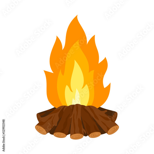 Wooden campfire burning flames pile of firewood flat. Cartoon style flame wood fire pit outdoor fireplace inside summer camping overnight picnic wood outdoor hunter warming hot signal cooking isolated