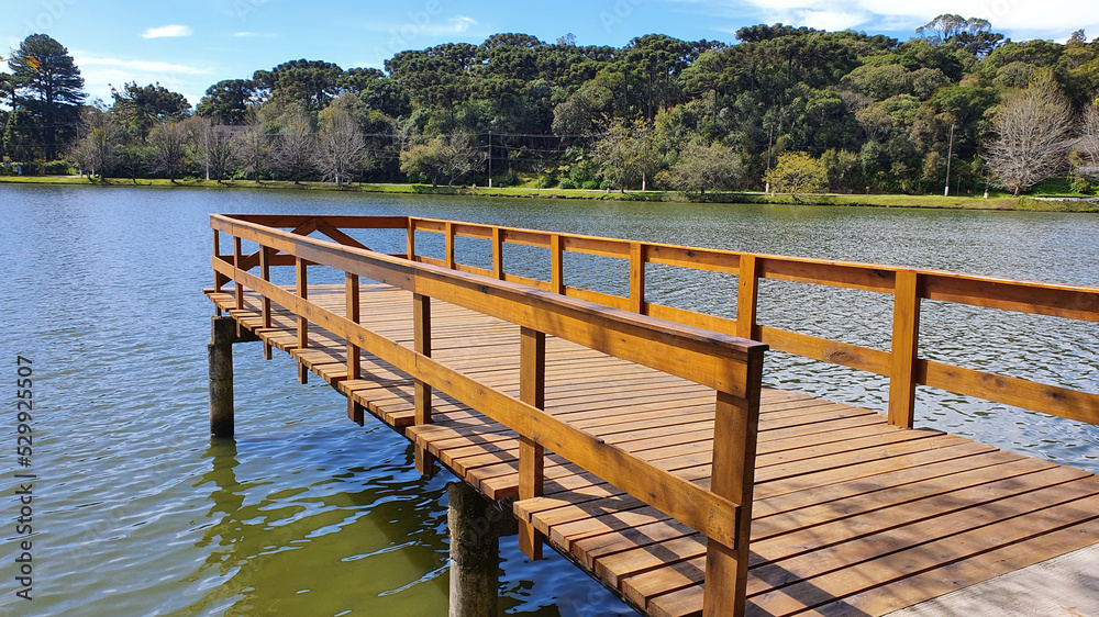 Wooden pier to enjoy the beautiful view of Lake São Bernardo - São Francisco de Paula, Rio Grande do Sul, Brazil.