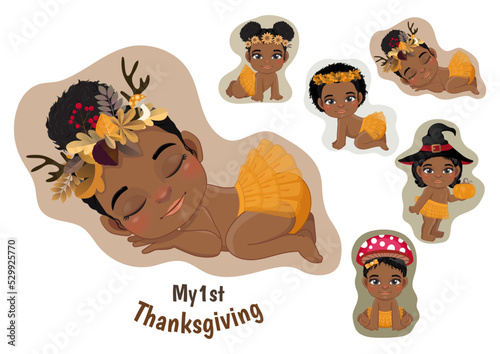 Baby's 1st Thanksgiving with cute baby black girls cartoon vector for baby clothes, greeting and invitation card, poster, and gifts design.