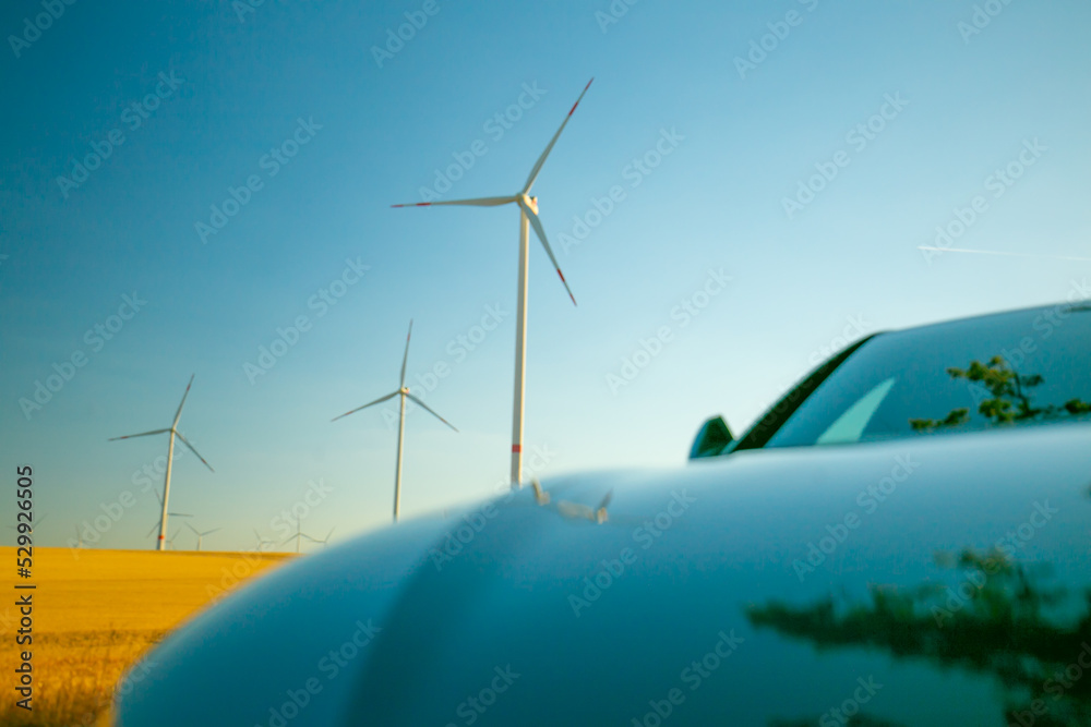 Wind generators and electric car.Alternative energy for cars.Wind energy.Refueling the car with renewable resources