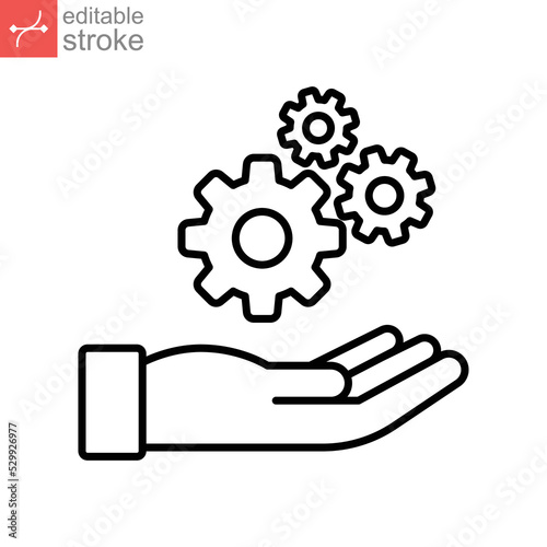 Installation and support line icon. Gears in hand for repair service process setting. Engineer job, Technology support. Editable stroke. Vector illustration. Design on white background. EPS 10