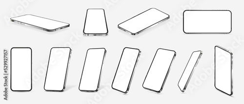 Realistic 3D Mobile phone devices mockups for presentation UI, UX, KIT. Smartphones in different angles - front, horizontal, isometric, perspective. Realistic 3D gadgets - smartphone. Vector template