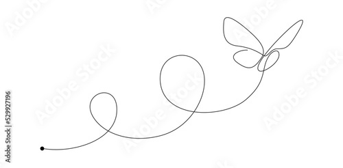 Butterfly in One continuous line drawing. Beautiful flying moth for wellbeing beauty or spa salon logo and divider concept in simple linear style. Editable stroke. Doodle vector illustration