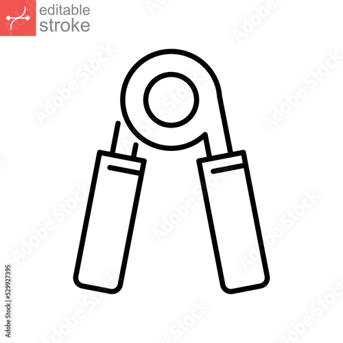 Hand grip icon. Gym accessory line style. Hand gripper for build forearm mass for testing and increasing strength of the hands. Editable stroke. Vector illustration. Design on white background. EPS 1