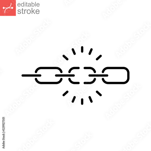 Broken chain line icon. Wreck chain link, torn chain, failure disconnection idea concept. Unlink, disconnected Loop. Editable stroke. Vector illustration. Design on white background. EPS 10