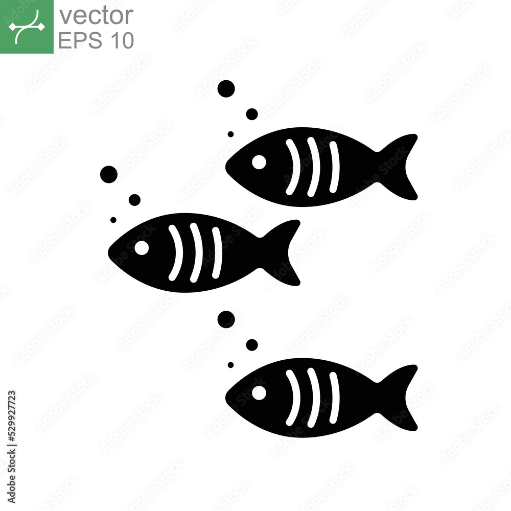 Fishes, sea animal glyph icon. Three same fish swimming together as part of Aquatic Animal logo. Pisces group. Solid pictogram style. Vector illustration. Design on white background. EPS 10