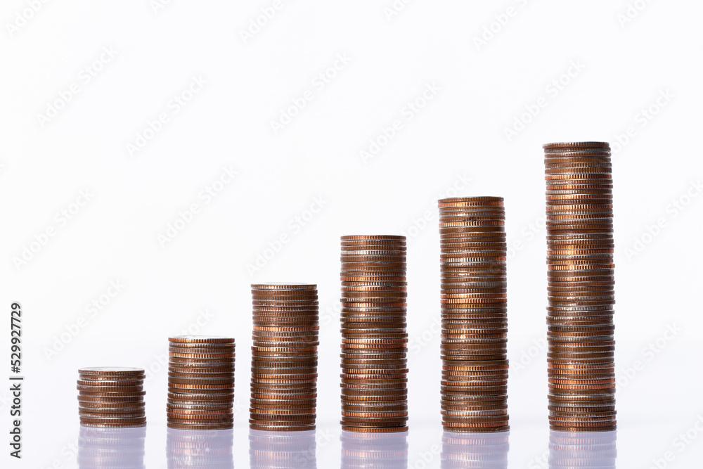 Stack of six coin column as money saving investment or wealth grow and get profit from time. Economy success make money earning as graph growth over white background isolated Stack of six coin column as money saving investment or wealth grow and get profit from time. Economy success make money earning as graph growth over white background isolated