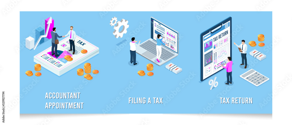 3D isometric Tax agent service concept with Tax calcultion, State Government taxation, Accountant appointment, filing the tax and Financial Tax Report. Eps10 vector illustration