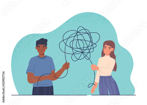 Couple unravel tangle. Man and woman talk about unspoken grievances and problems. Love and relationships, help, care and support. Communication and interaction. Cartoon flat vector illustration