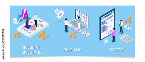 3D isometric Tax agent service concept with Tax calcultion  State Government taxation  Accountant appointment  filing the tax and Financial Tax Report. Eps10 vector illustration