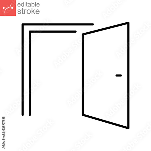 Door open line icon. Door entrance, emergency Exit way sign. Simple pictogram outline style logo for web site and app. Editable stroke. Vector illustration. Design on white background. EPS 10