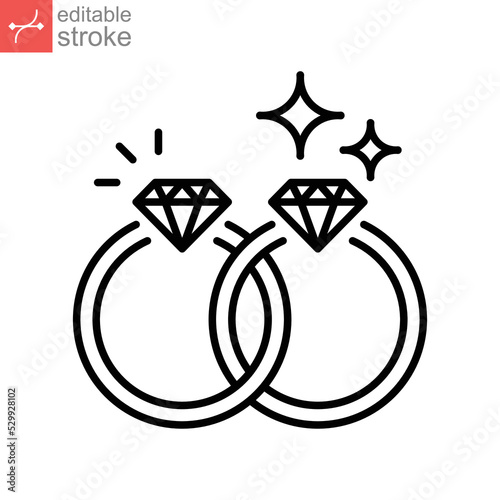 Wedding rings line icon. Shiny elegant diamond ring for couple relationship. Engagement fiance Jewelry. Marriage Jewel Accessory. Editable stroke. Vector illustration design on white background EPS 10