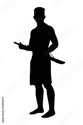 Ancient Asian warrior with his weapon silhouette vector on white background