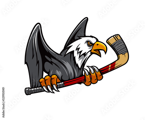 American eagle mascot with ice hockey stick, sport club or team vector emblem. Ice hockey varsity or college sport mascot of american eagle holding hockey stick in claws