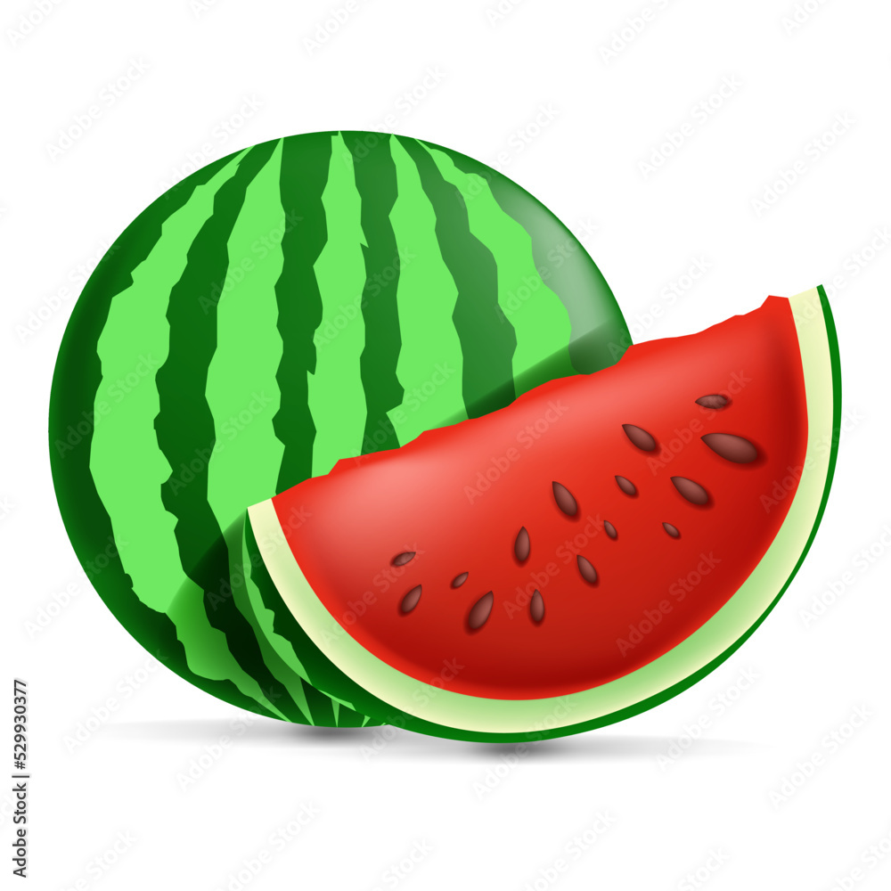 3d realistic transparent isolated vector set, whole and slice of watermelon, watermelon in a splash of juice with drops